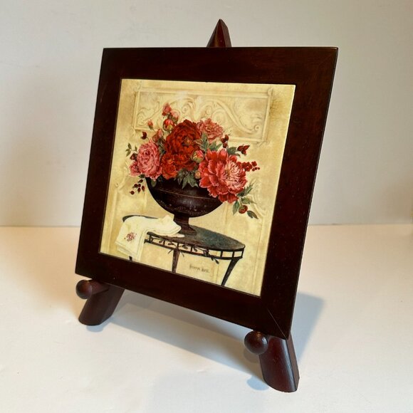 Kathryn White Artist "Linen with Peonies" Floral Framed Wall Tile/Trivet w/Easel - Picture 2 of 11